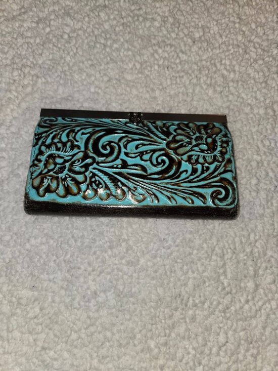 Patricia Nash Handbags - Patricia Nash Tooled Turquoise Leather Kiss Lock Checkbook Wallet Organizer